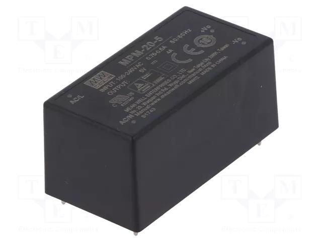 Converter: AC/DC; 20W; Uin: 80÷264VAC; 5VDC; Iout: 4A; OUT: 1; 85% MEAN WELL MPM-20-5