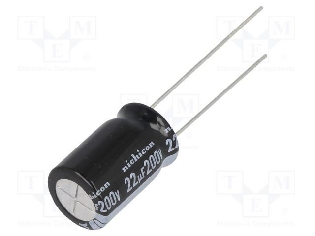 Capacitor: electrolytic; THT; 22uF; 200VDC; Ø10x16mm; Pitch: 5mm NICHICON UVY2D220MPD