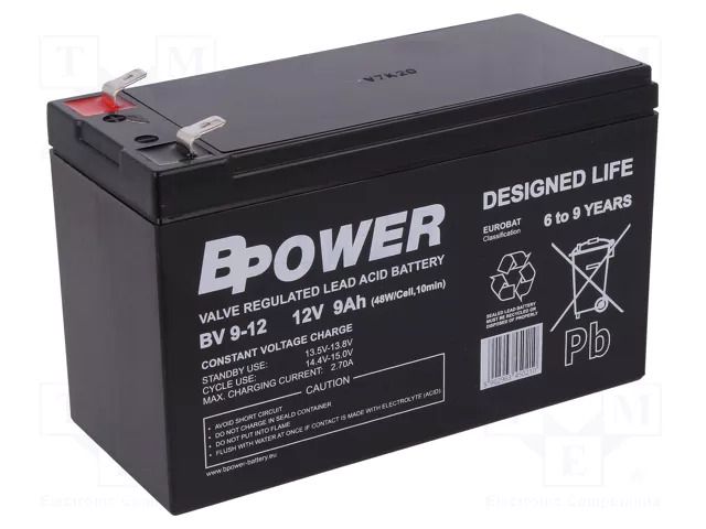 Re-battery: acid-lead; 12V; 9Ah; AGM; maintenance-free; 48W; 2.7kg BPOWER ACCU-BV9-12/BP