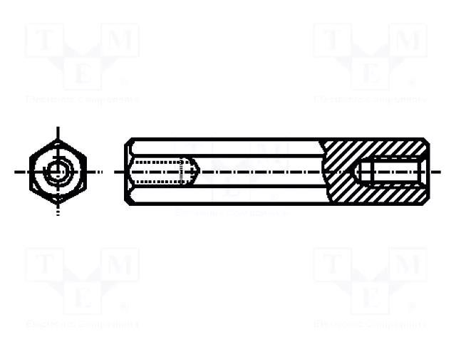 Screwed spacer sleeve; 6mm; Int.thread: M2,5; hexagonal DREMEC TFF-M2.5X6/DR122