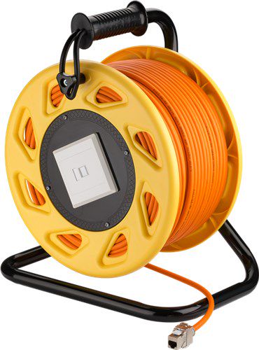 Portable RJ45 Network Cable Reel Extension, orange, 90 m - Double-shielded, halogen-free CAT 7A S/FTP (1000 MHz) installation cable on robust cable reel 58938