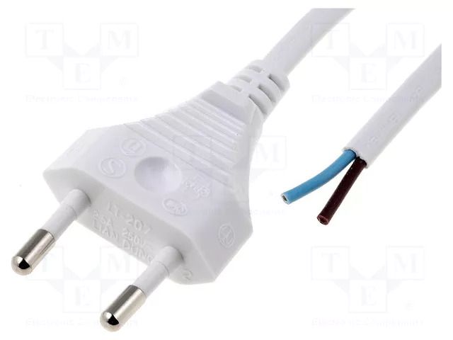 Cable; 2x0.5mm2; CEE 7/16 (C) plug,wires; PVC; 1.8m; white; 2.5A LIAN DUNG S1-2/05/1.8WH