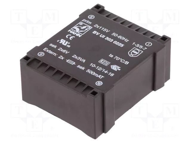 Transformer: encapsulated; 6VA; 115VACx2; 6V; 6V; 500mA; 500mA; PCB HAHN BVUI3030225