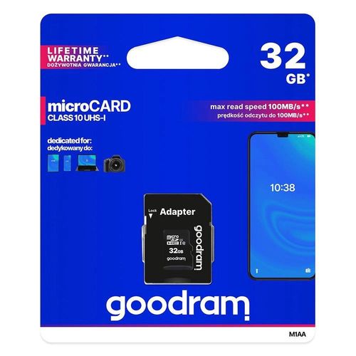 Goodram Microcard 32 GB micro SD HC UHS-I class 10 memory card, SD adapter (M1AA-0320R12), Goodram 5908267930144 5908267930144