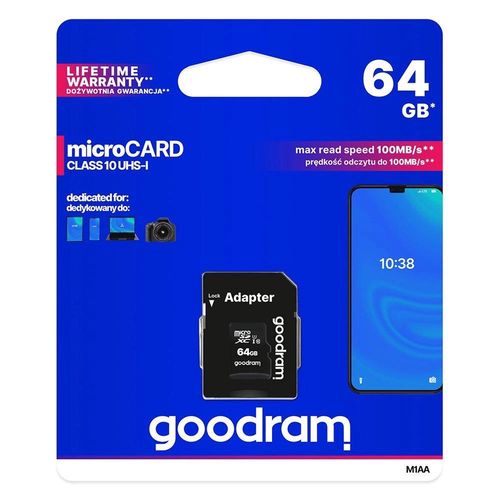 Goodram Microcard 64 GB micro SD XC UHS-I class 10 memory card, SD adapter (M1AA-0640R12), Goodram 5908267930151