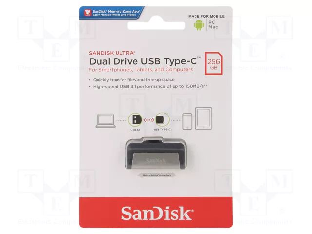 Pendrive; OTG,USB 3.1; 256GB; R: 150MB/s; Ultra Dual OTG SANDISK SDDDC2-256G-G46