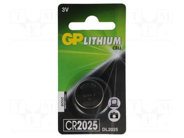 Battery: lithium; CR2025,coin; 3V; 160mAh; non-rechargeable; 1pcs. GP BAT-CR2025/GP-BL1