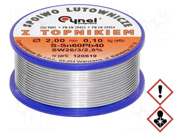 Tin; lead-based; Sn60Pb40; 2mm; 0.1kg; reel; 190°C; 2.5%; Flux: SW26 CYNEL LC60-2.00/0.1