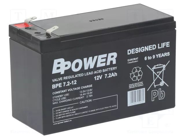 Re-battery: acid-lead; 12V; 7.2Ah; AGM; maintenance-free; BPE BPOWER ACCU-BPE7.2-12T/BP