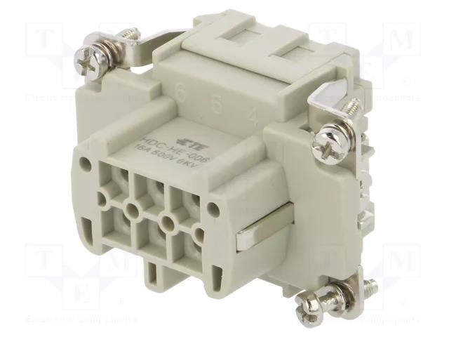 Connector: HDC; contact insert; female; HE; PIN: 6; 16A; 500V; 6+PE TE Connectivity T2040063201-000