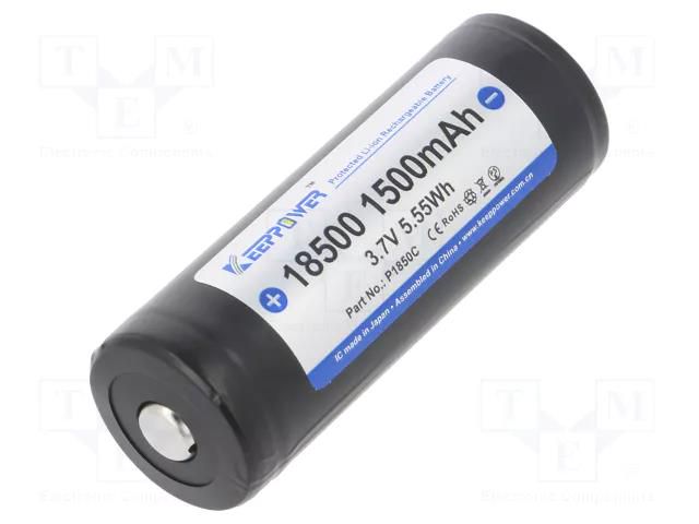 Re-battery: Li-Ion; 18500; 3.7V; 1500mAh; Ø18.5x53mm; 3A KEEPPOWER ACCU-ICR18500/PCB