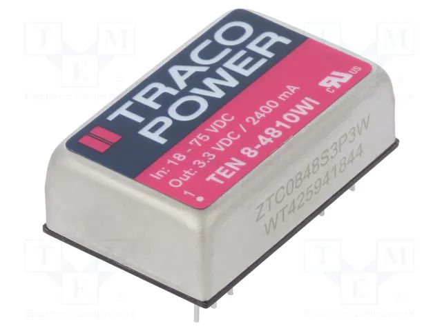 Converter: DC/DC; 8W; Uin: 18÷75VDC; Uout: 3.3VDC; Iout: 2400mA; THT TRACO POWER TEN8-4810WI