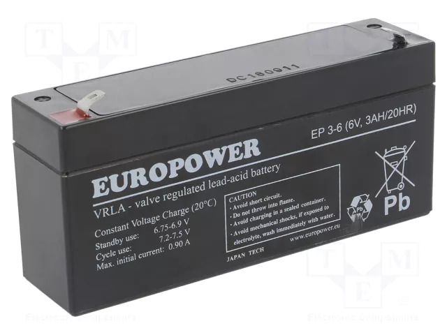 Re-battery: acid-lead; 6V; 3Ah; AGM; maintenance-free; EP EUROPOWER ACCU-EP3-6/EUR