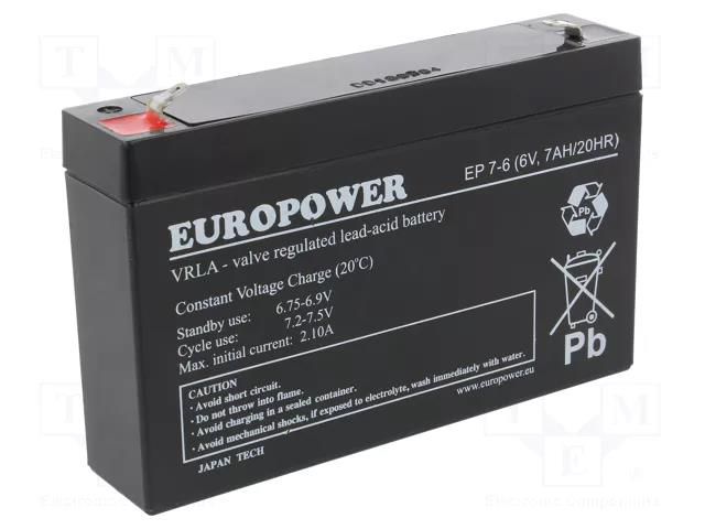 Re-battery: acid-lead; 6V; 7Ah; AGM; maintenance-free; EP EUROPOWER ACCU-EP7-6/EUR