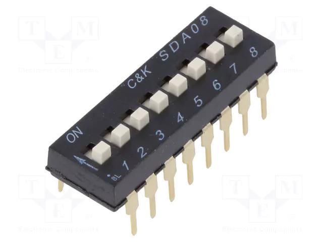 Switch: DIP-SWITCH; Poles number: 8; ON-OFF; 0.025A/24VDC; Pos: 8 C&K SDA08H1BD