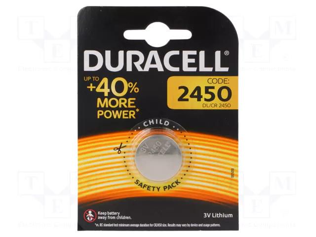 Battery: lithium; CR2450,coin; 3V; non-rechargeable; Ø24x5mm DURACELL BAT-CR2450-DR