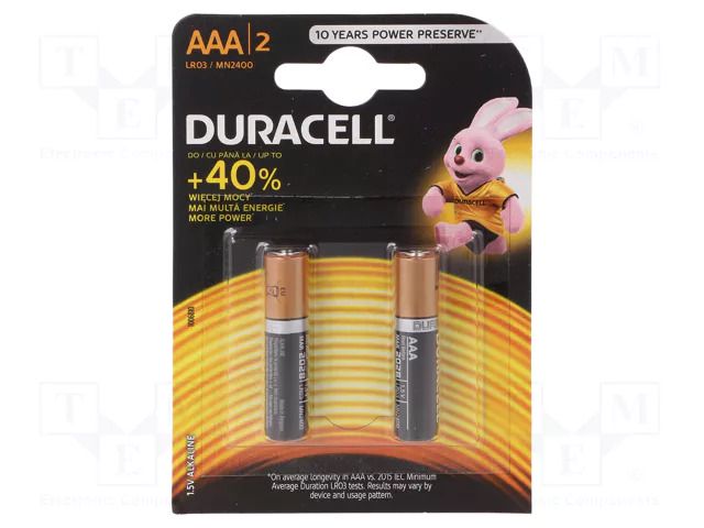 Battery: alkaline; AAA,R3; 1.5V; non-rechargeable; 2pcs; BASIC DURACELL BAT-LR3/DR-B2