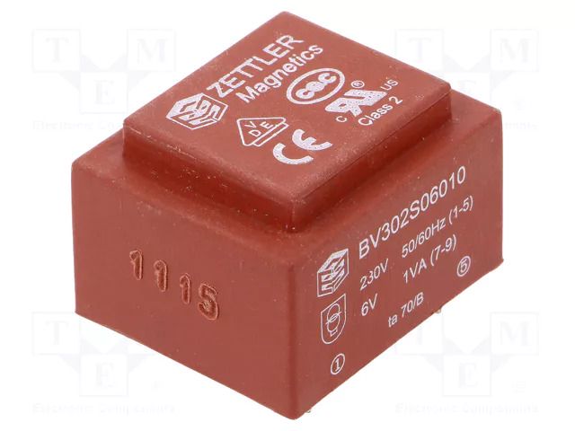 Transformer: encapsulated; 1VA; 230VAC; 6V; 166mA; PCB ZETTLER BV302S06010ZU