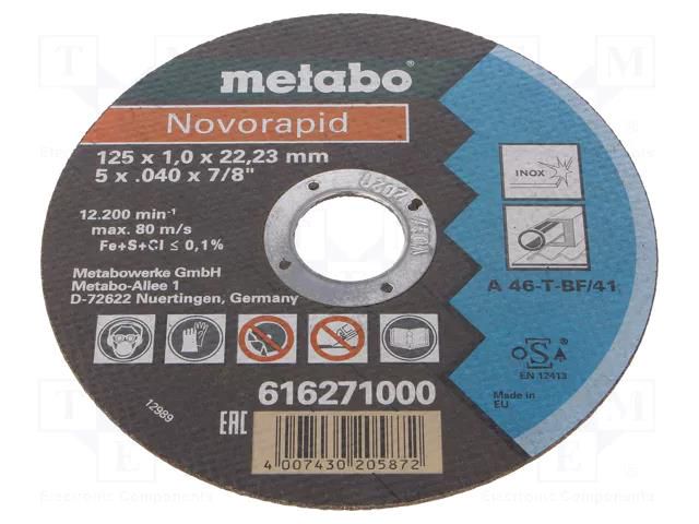 Cutting wheel; Ø: 125mm; Øhole: 22.23mm; Disc thick: 1mm METABO MTB.616271