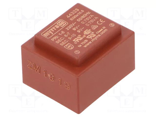 Transformer: encapsulated; 1.5VA; 230VAC; 9V; 9V; 83mA; 83mA; PCB MYRRA MYRRA-44333