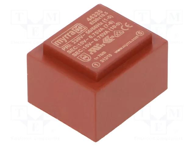 Transformer: encapsulated; 1.5VA; 230VAC; 15V; 15V; 50mA; 50mA; PCB MYRRA MYRRA-44335