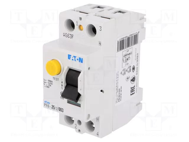 RCD breaker; Inom: 25A; Ires: 30mA; Max surge current: 500A; IP20 EATON ELECTRIC PF6-25/2/003
