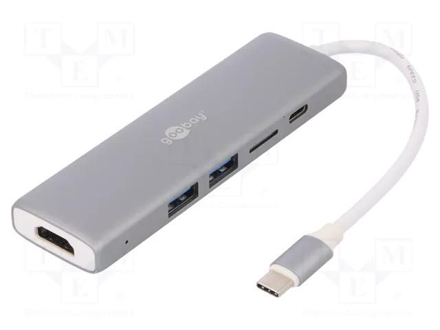 Adapter; USB 3.0; white; aluminium; Connector colour: grey GOOBAY USB.C-MULTIPORT-GY