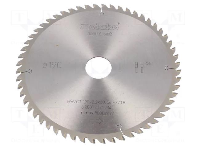 Circular saw; Ø: 190mm; Øhole: 30mm; Teeth: 56; Disc thick: 2.2mm METABO MTB.628077
