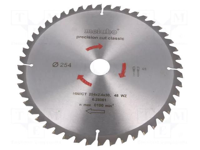 Circular saw; Ø: 254mm; Øhole: 30mm; Teeth: 48; Disc thick: 2.4mm METABO MTB.628061