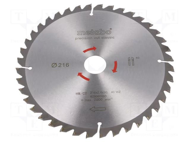 Circular saw; Ø: 216mm; Øhole: 30mm; Teeth: 40; Disc thick: 2.4mm METABO MTB.628060