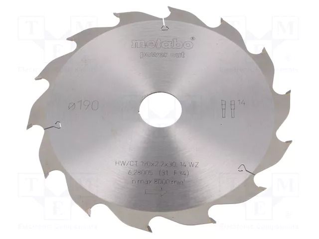 Circular saw; Ø: 190mm; Teeth: 14; Disc thick: 2.2mm; HW/CT; 30mm METABO MTB.628005