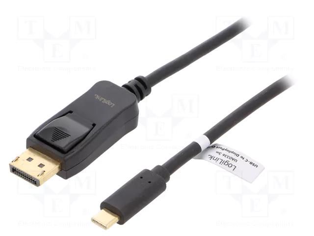 Adapter; DisplayPort plug,USB C plug; 3m; black; black LOGILINK UA0336