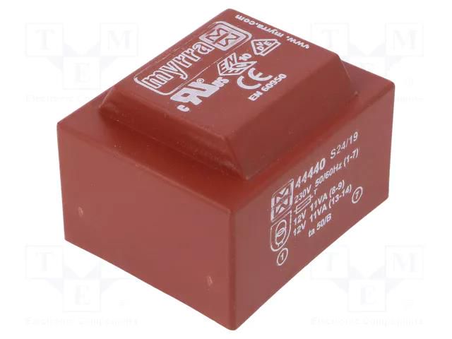 Transformer: encapsulated; 22VA; 230VAC; 12V; 12V; 917mA; 917mA; PCB MYRRA MYRRA-44440