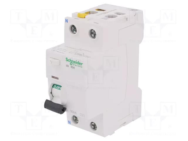 RCD breaker; Inom: 63A; Ires: 30mA; Poles: 2; 400VAC; IP20; 1÷25mm2 SCHNEIDER ELECTRIC A9Z11263