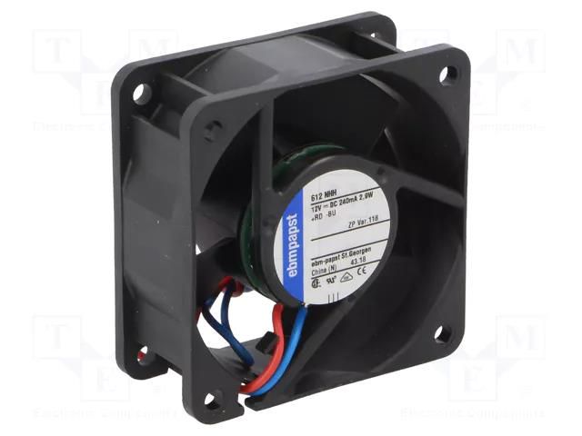 Fan: DC; axial; 12VDC; 60x60x25mm; 55.5m3/h; 43dBA; ball; 6800rpm EBM-PAPST 612NHH-118