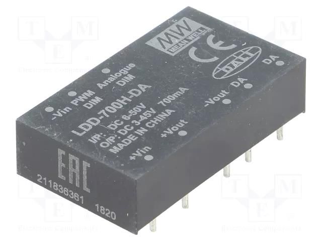 Converter: DC/DC; 31W; Uin: 6÷50VDC; Uout: 3÷45VDC; Iin: 550mA; THT MEAN WELL LDD-700H-DA