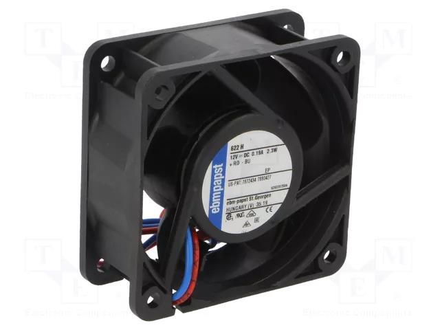 Fan: DC; axial; 12VDC; 60x60x25mm; 46m3/h; 39dBA; ball; 6850rpm EBM-PAPST 622H