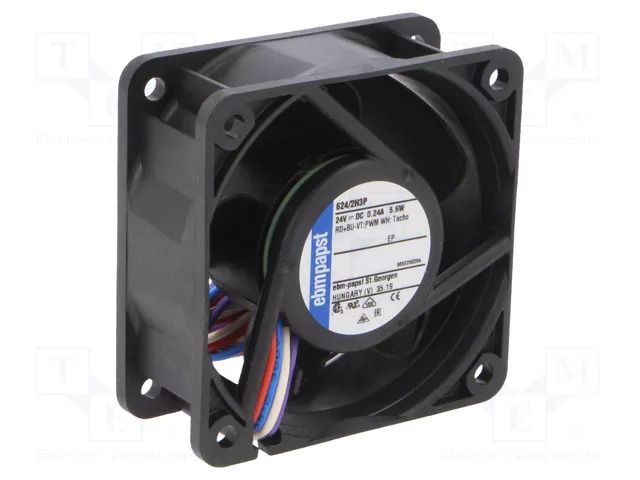Fan: DC; axial; 24VDC; 60x60x25mm; 66m3/h; 48dBA; ball; 9700rpm EBM-PAPST 624/2H3P