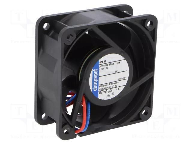 Fan: DC; axial; 24VDC; 60x60x25mm; 30m3/h; 29dBA; ball; 4550rpm EBM-PAPST 624M