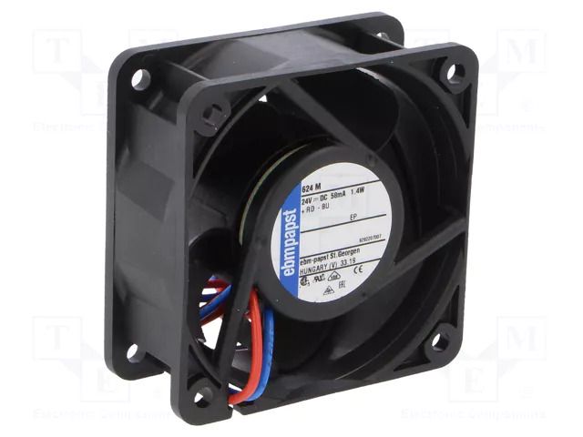 Fan: DC; axial; 24VDC; 60x60x25mm; 30m3/h; 29dBA; ball; 4550rpm EBM-PAPST 624M