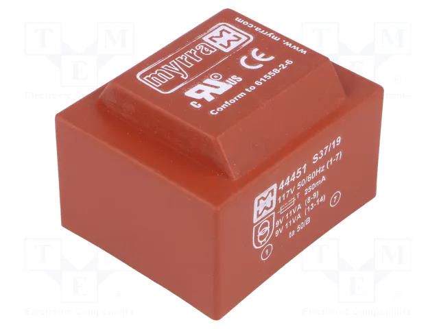 Transformer: encapsulated; 22VA; 117VAC; 9V; 9V; 1222mA; 1222mA; PCB MYRRA MYRRA-44451