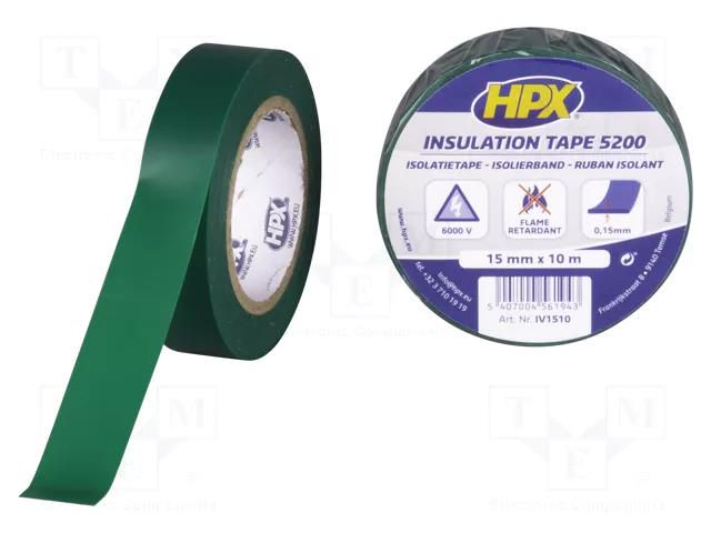 Tape: electrical insulating; W: 15mm; L: 10m; Thk: 0.15mm; green HPX HPX-5200-1510GR