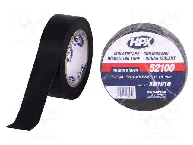 Tape: electrical insulating; W: 19mm; L: 10m; Thk: 0.15mm; black HPX HPX-52100-1910BK
