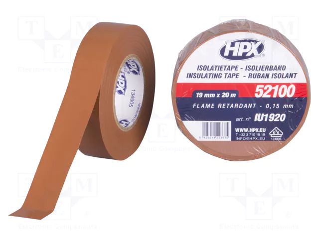 Tape: electrical insulating; W: 19mm; L: 20m; Thk: 0.15mm; brown HPX HPX-52100VD1920BR