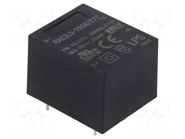 Converter: AC/DC; 3.5W; Uin: 85÷305VAC,120÷430VDC; Uout: 15VDC RECOM RAC3.5-15SK/277