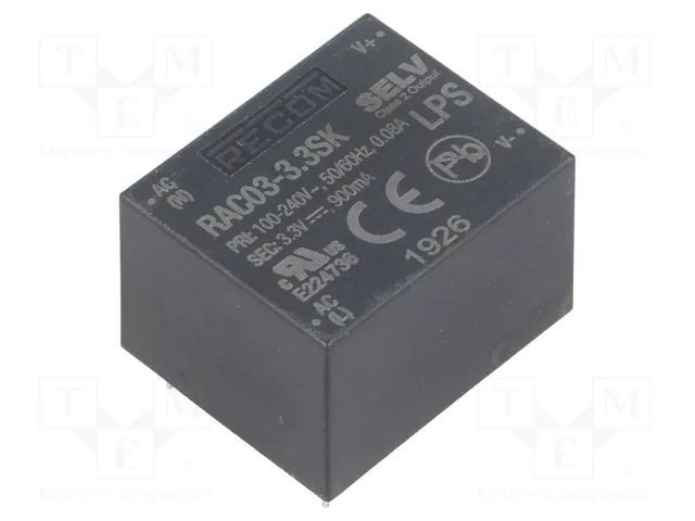 Converter: AC/DC; 3W; Uin: 85÷264VAC,120÷370VDC; Uout: 3.3VDC; 69% RECOM RAC03-3.3SK
