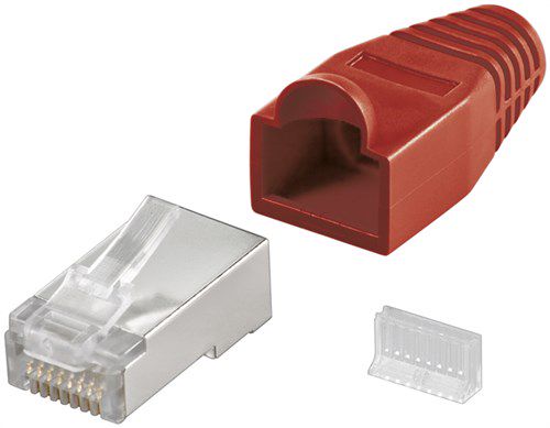 RJ45 Plug, CAT 5e STP Shielded with Strain-relief Boot, red - for round cable, with threader 68748