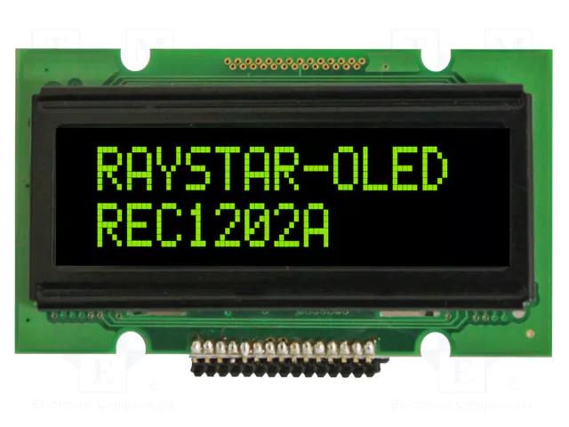 Display: OLED; alphanumeric; 12x2; Dim: 55.7x32x11mm; green; PIN: 15 RAYSTAR OPTRONICS REC001202AGPP5N01