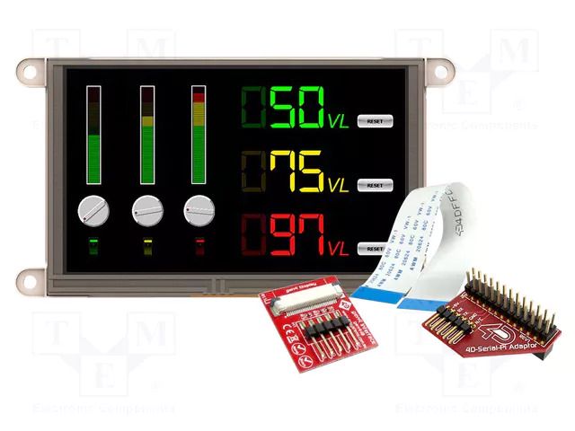 Display: TFT; 5"; 800x480; 32kBRAM,192kBFLASH; 460cd/m2; uLCD; 5VDC 4D Systems GEN4-ULCD-50D-PI