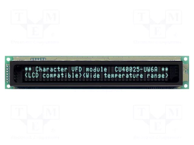 Display: VFD; alphanumeric; 40x2; Char: 4.7mm; 350cd/m2; PIN: 20 NORITAKE Itron CU40025-UW6J